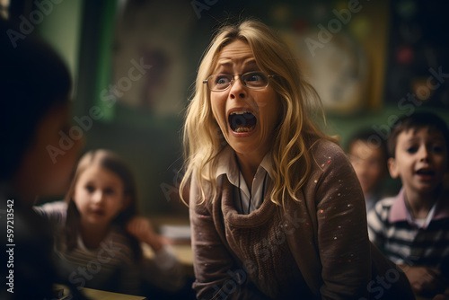 Educational concept theme, portrait of the angry frightened teacher woman yells at students emotionally expressing dissatisfaction about the performance of the group class team. Generative AI.