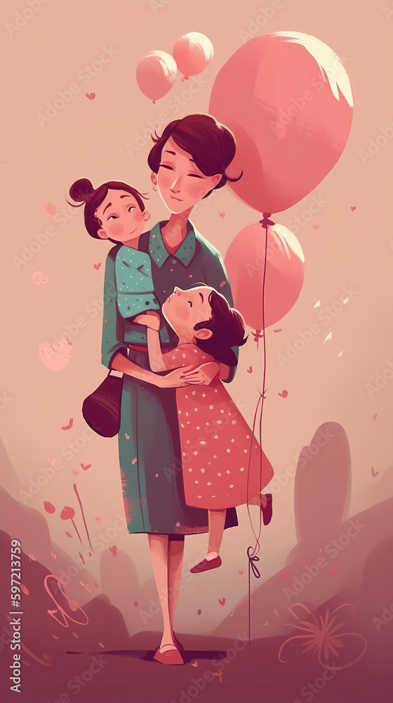 a mom holding her daughters with ballons around her, generative ai technology a mom holding her daughters with ballons around her, generative ai technology