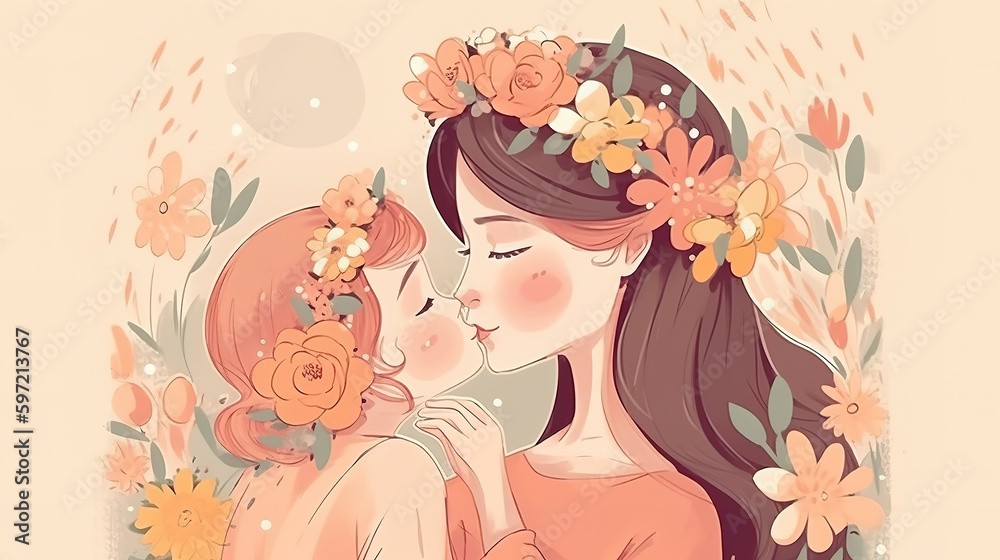 a mom kissing her daughter, mothers day gift card illustration, generative ai technology