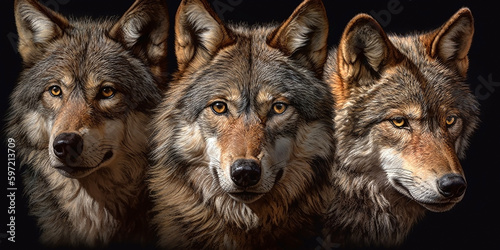 Portrait of a wolf against the background of other wolves  close-up. Generative AI