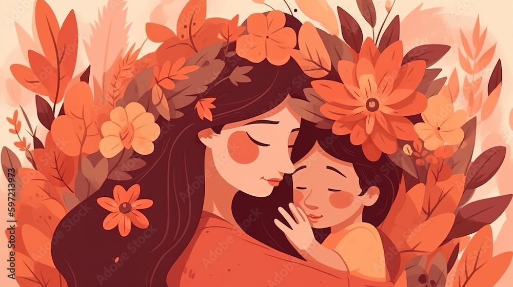 a cute brown inspired mothers day illustration with autum flowers, generative ai technology a cute brown inspired mothers day illustration with autum flowers, generative ai technology