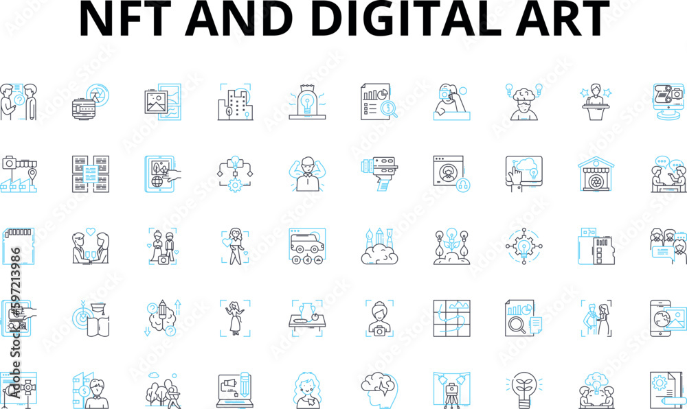 NFT and digital art linear icons set. Cryptocurrency, Blockchain ...