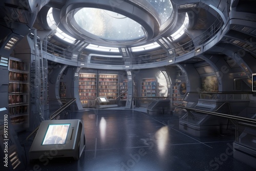 library in futuristic space station, filled with advanced technologies and access to the galaxy, created with generative ai