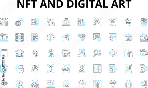 NFT and digital art linear icons set. Cryptocurrency, Blockchain, Tokenization, Digital, Arrk, Ownership, Authenticity vector symbols and line concept signs. Rare,Collectible,Value illustration