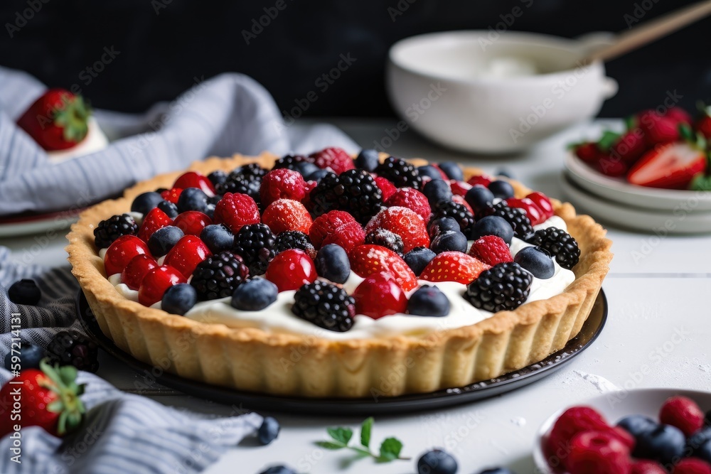 summer berry tart with lattice crust, topped with fresh whipped cream, created with generative ai summer berry tart with lattice crust, topped with fresh whipped cream, created with generative ai