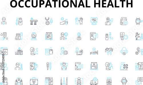 Occupational health linear icons set. Ergonomics, Hazards, Vaccinations, PPE, Wellness, Safety, Compliance vector symbols and line concept signs. Inspection,Rehabilitation,Occupational therapy