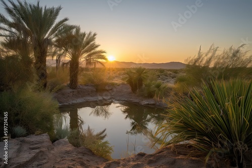 desert oasis, with view of sunset and the last rays of sunlight, casting a warm glow on the landscape, created with generative ai
