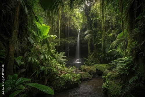 majestic waterfall cascading through lush jungle landscape, created with generative ai © Alfazet Chronicles