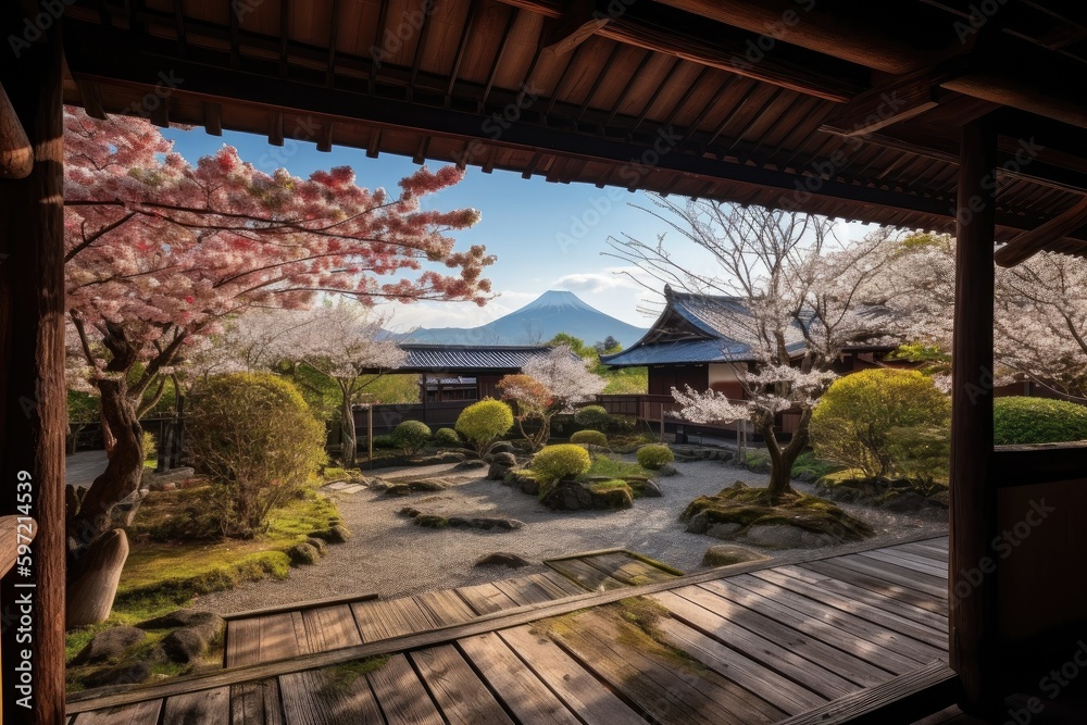 cherry blossom trees blooming in garden, with view of distant mountains, created with generative ai