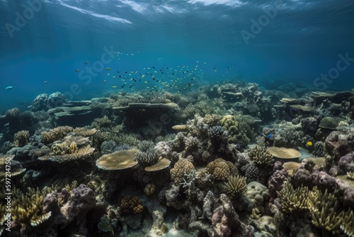 coral reef, with schools of fish darting among the coral, created with generative ai