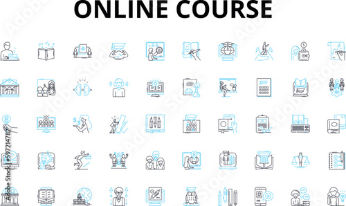 Online Course linear icons set. E-learning, Webinars, Certification, Video lessons, Courseware, Interactivity, Ongoing vector symbols and line concept signs. Lectures,MOOC,Tools illustration