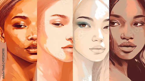four beautiful women face pattern in different skin colors, generative ai technology