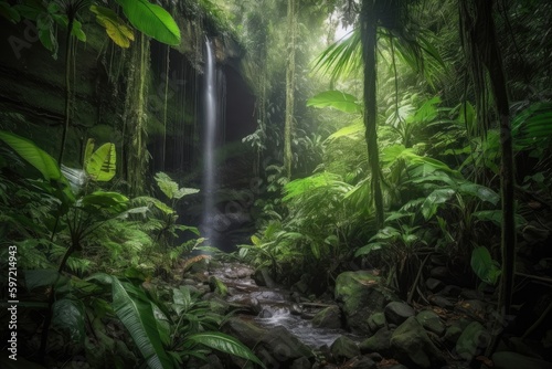 majestic waterfall cascading over tropical jungle, created with generative ai © Alfazet Chronicles