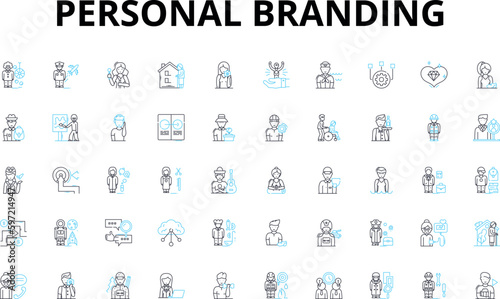 Personal branding linear icons set. Identity, Image, Reputation, Presence, Storytelling, Authenticity, Consistency vector symbols and line concept signs. Clarity,Perception,Messaging illustration