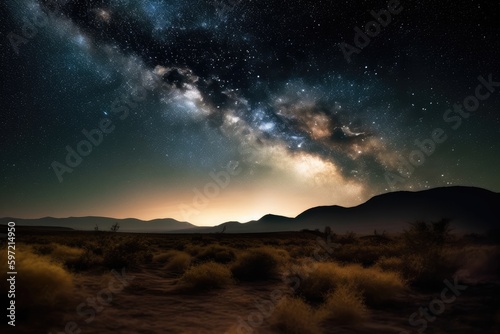 desert with night sky full of stars and shooting stars visible, created with generative ai