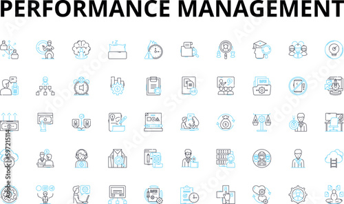 Performance management linear icons set. Metrics, Feedback, Goals, Appraisal, Evaluation, Development, Performance vector symbols and line concept signs. Targets,Reviews,Objectives illustration