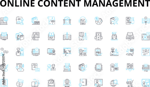 Online content management linear icons set. Publishing, Editing, Writing, Optimization, Analytics, Layout, Design vector symbols and line concept signs. Workflow,Syndication,Collaboration illustration