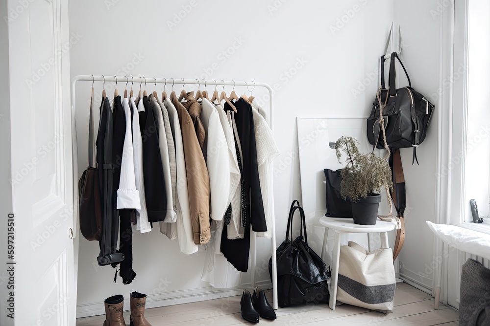 minimalist wardrobe with a mix of classic and trend pieces, created with generative ai