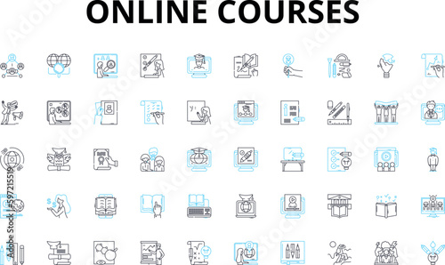 Online courses linear icons set. E-learning, Virtual, Distance, Web-based, Remote, Digital, Cyber vector symbols and line concept signs. Internet,Interactive,Cloud-based illustration