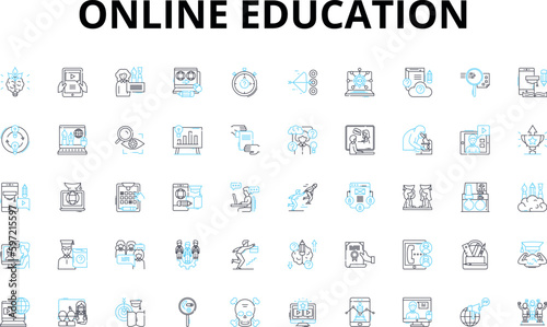 Online Education linear icons set. E-Learning, Virtual, Webinars, MOOC, Distance Learning, Digital, Interactive vector symbols and line concept signs. Multimedia,Remote,EduTech illustration