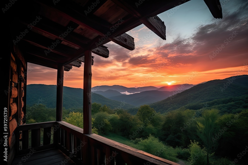 morning sunrise over mountains from cozy cabin retreat, created with generative ai
