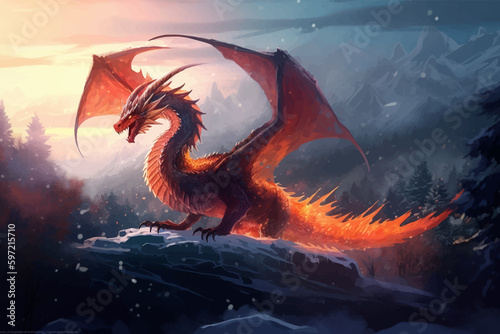 Ferocious Fire Fantasy Dragon stands on top of a mountain. Tall and proud, with wings spread wide. Surrounded by winter mountains and rocks. Ice, snow and flames. Full body. Mythical creatures. 3d art