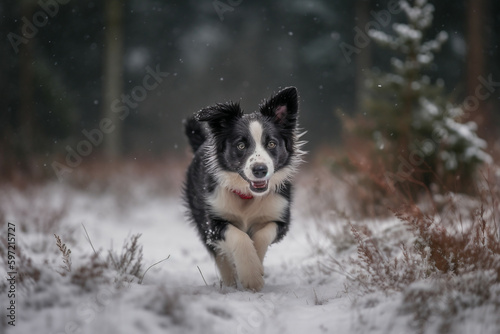 In the pine forest the Border Collie Puppy is Running., Generative AI