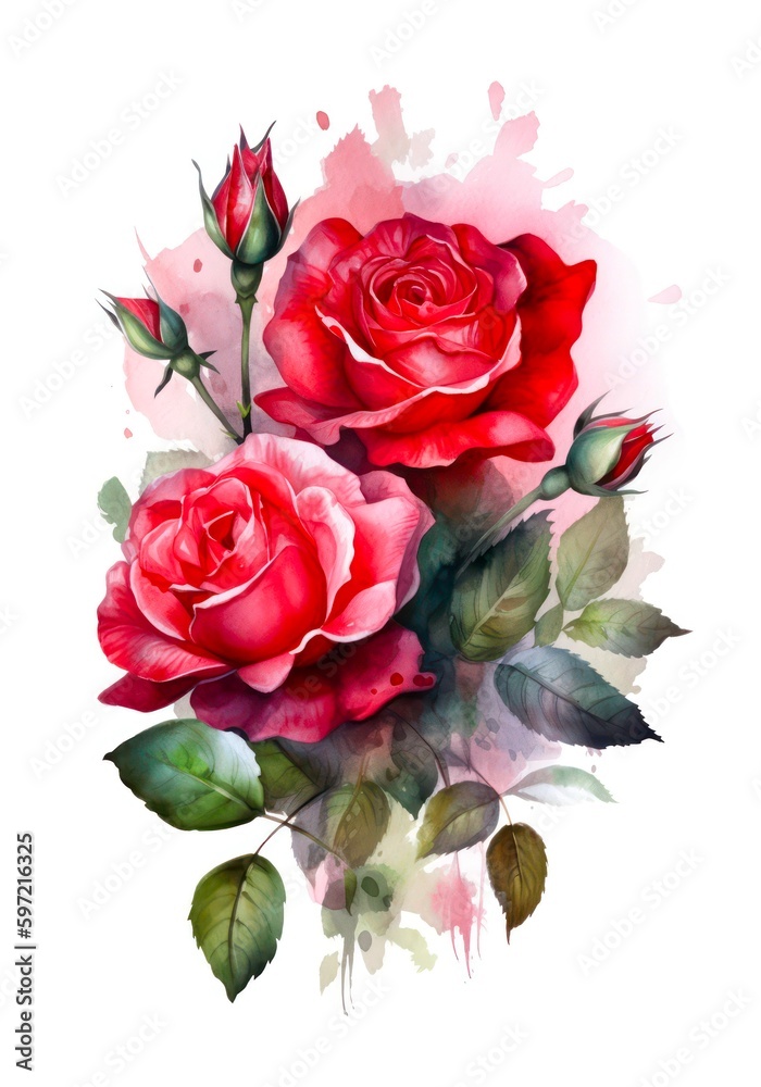 Watercolor bouquet of red roses on white background. Generative AI.