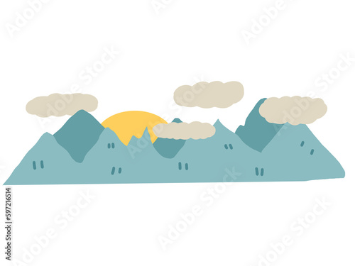Blue mountain with clouds and sun  element  png