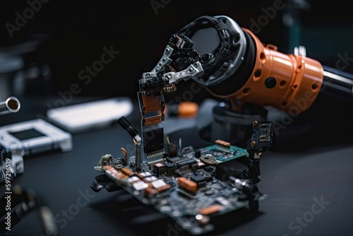 close-up of a robotic arm, with tools and spare parts lying nearby, created with generative ai