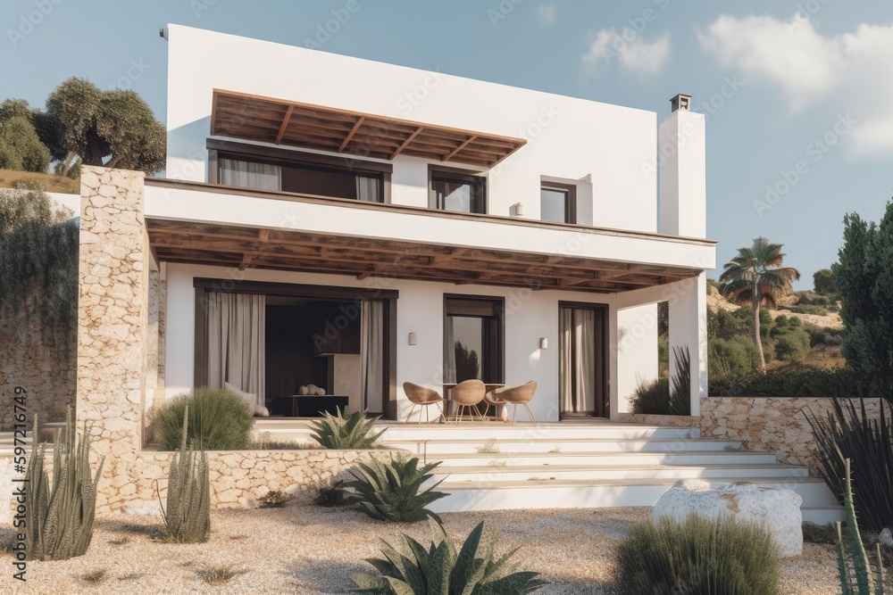 modern exterior design with clean lines and natural materials in the mediterranean style, created with generative ai