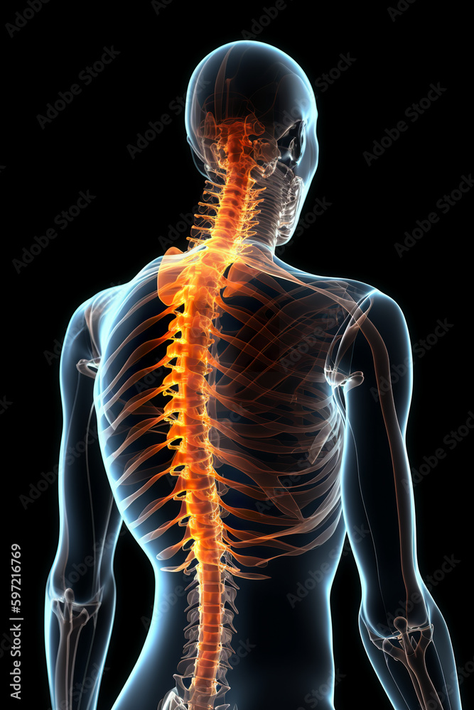 Human skeleton with view on the spine bones, X-Ray 3D render - Generative AI Human skeleton with view on the spine bones, X-Ray 3D render - Generative AI