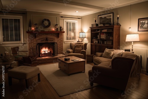 a cozy living room with a fireplace and comfy furniture, created with generative ai