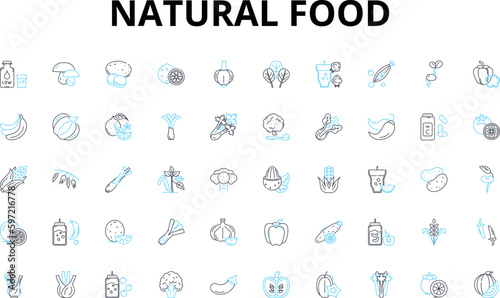 Natural food linear icons set. Organic  Whole  Fresh  Non-GMO  Sustainable  Locally-sourced  Grass-fed vector symbols and line concept signs. Pasture-raised Clean Raw illustration