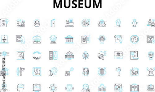 Museum linear icons set. Artifacts, Exhibits, Gallery, Archaeology, History, Memorabilia, Sculpture vector symbols and line concept signs. Antiquities,Collections,Architecture illustration