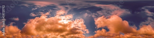Wallpaper Mural Blue Orange sky panorama with Cirrus clouds in Seamless spherical equirectangular format. Full zenith for use in 3D graphics, game and editing aerial drone 360 degree panoramas for sky replacement. Torontodigital.ca
