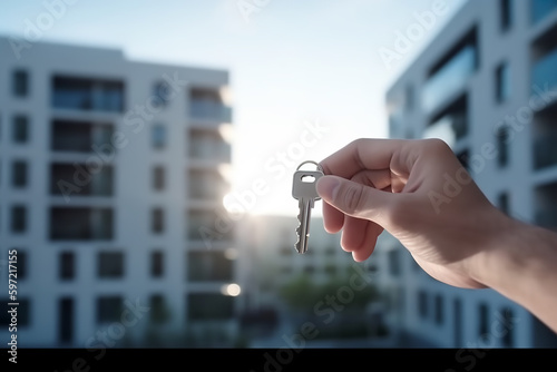 keys in hands against the background of a newly bought house - Generative AI