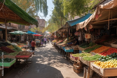 exotic street market with stalls offering local foods, spices, and beverages, created with generative ai