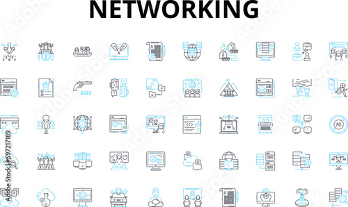 Networking linear icons set. Connected, Collaborative, Relationships, Communication, Contacts, Social, Linkages vector symbols and line concept signs. Interaction,Internet,Meetups illustration