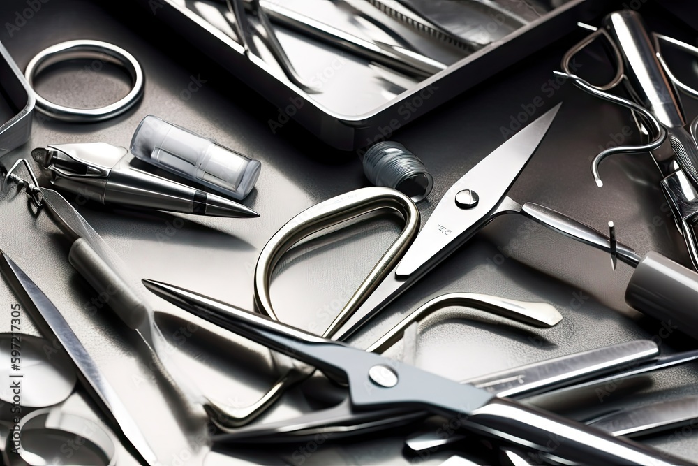 close-up of surgical tools including forceps, scalpels and retractors, created with generative ai close-up of surgical tools including forceps, scalpels and retractors, created with generative ai
