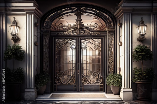 a grand entrance with a glass and metal double door  leading to an elegant hotel lobby  created with generative ai
