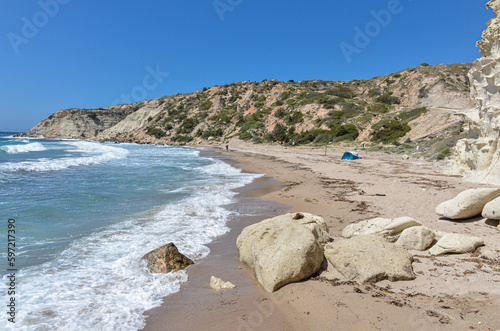 sand and rocks on Guvercinlik Koyu (Kleopatra Beach) near Ovacik (Cesme, Izmir province, Turkey)  photo
