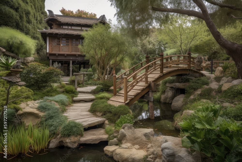garden with natural water features and wooden bridge leading to serene pagoda, created with generative ai