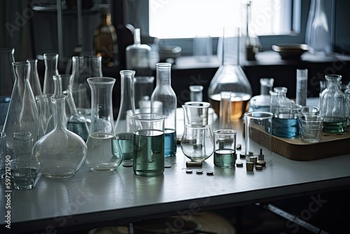 glassware and beakers arranged neatly on countertop in laboratory setting, created with generative ai