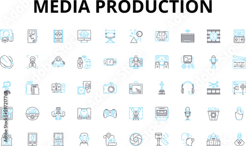 Media production linear icons set. Film, Video, Audio, Multimedia, Podcast, Broadcasting, Recording vector symbols and line concept signs. Cinematography,Post-production,Editing illustration