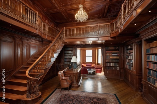 library with grand staircase, leading to second floor, created with generative ai