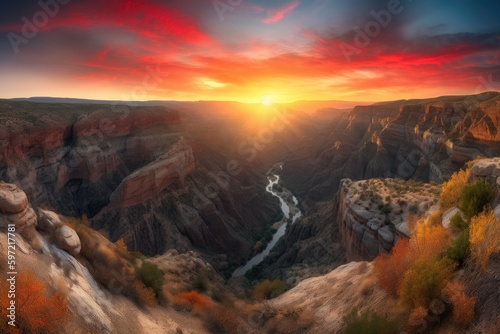 majestic canyon with fiery sunset, surrounded by a landscape of rugged beauty, created with generative ai