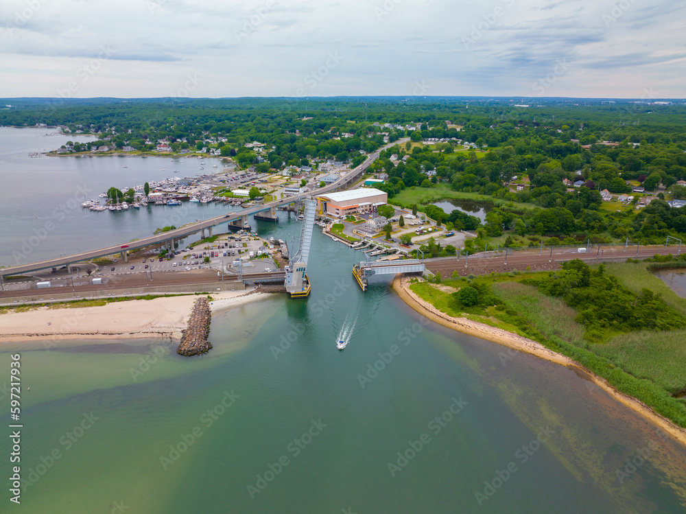 Niantic Beach Railroad Bridge aerial view in a cloudy day between Niantic River and Niantic Bay in village of Niantic, East Lyme, Connecticut CT, USA. 