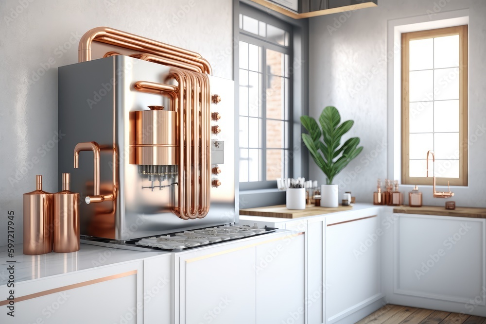 stainless steel evaporator with copper piping in modern kitchen