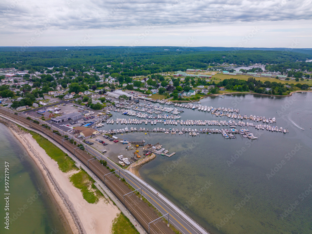 Niantic Beach and Port Marina aerial view in a cloudy day between Niantic River and Niantic Bay in village of Niantic, East Lyme, Connecticut CT, USA. 